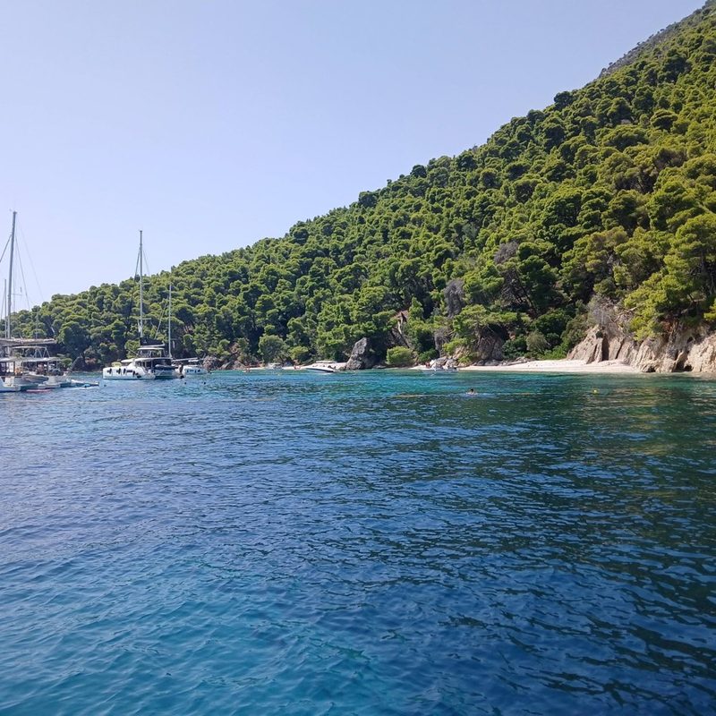 Yachts anchored off a pine-covered headland and pebble beach in the Ionian Sea, Greece