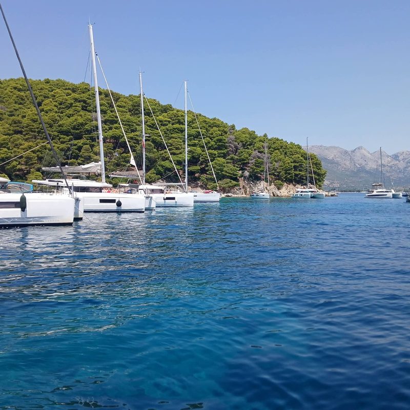 Charter yachts anchored off a pine-covered headland in the Ionian Sea, Greece